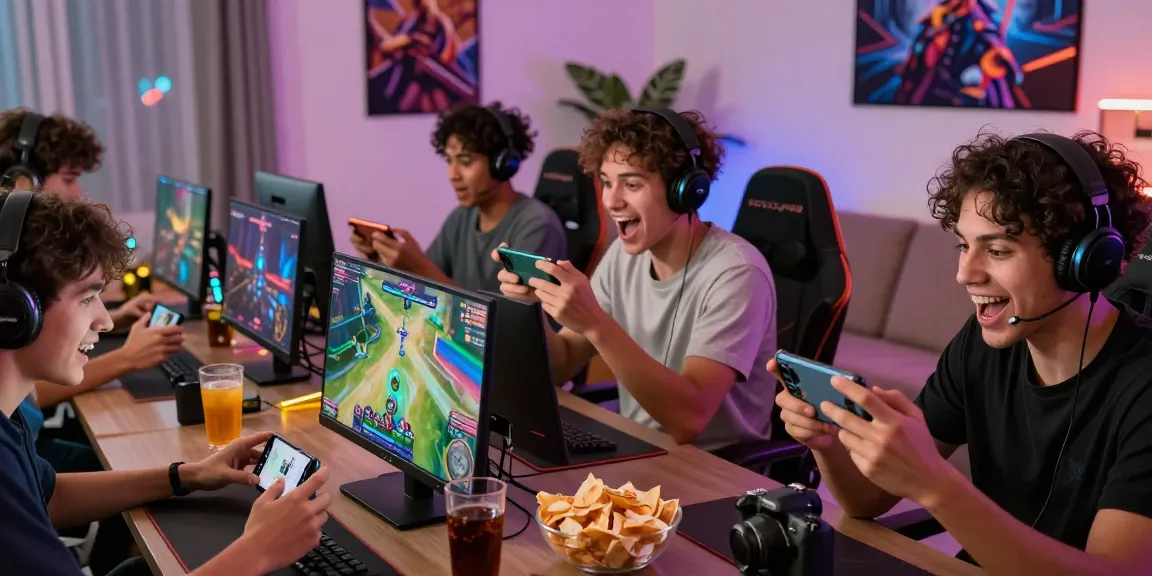 Friends enjoying a thrilling online earning game on smartphones in a vibrant living room.