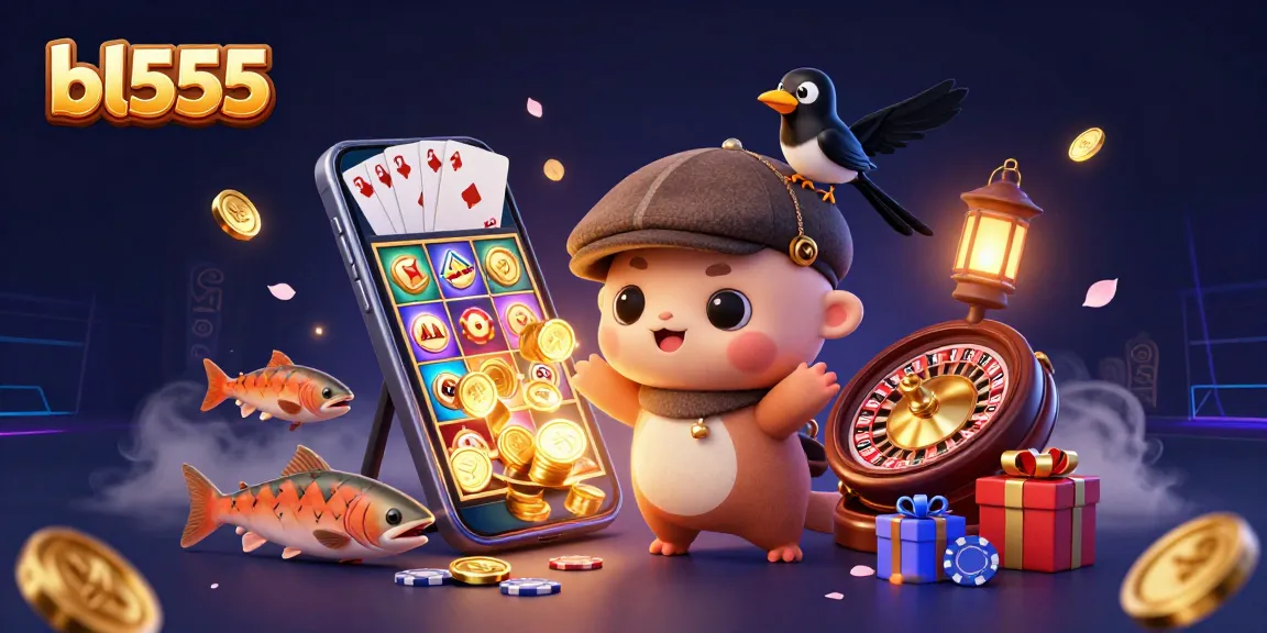 Spin and win with bl555's vibrant gambling scene featuring colorful games and treasures.