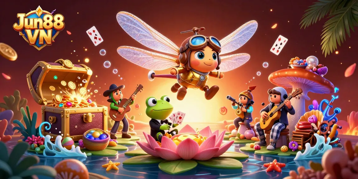 Experience thrilling games at Jun88 VN with a vibrant casino scene featuring a dragonfly pilot and frog croupier.