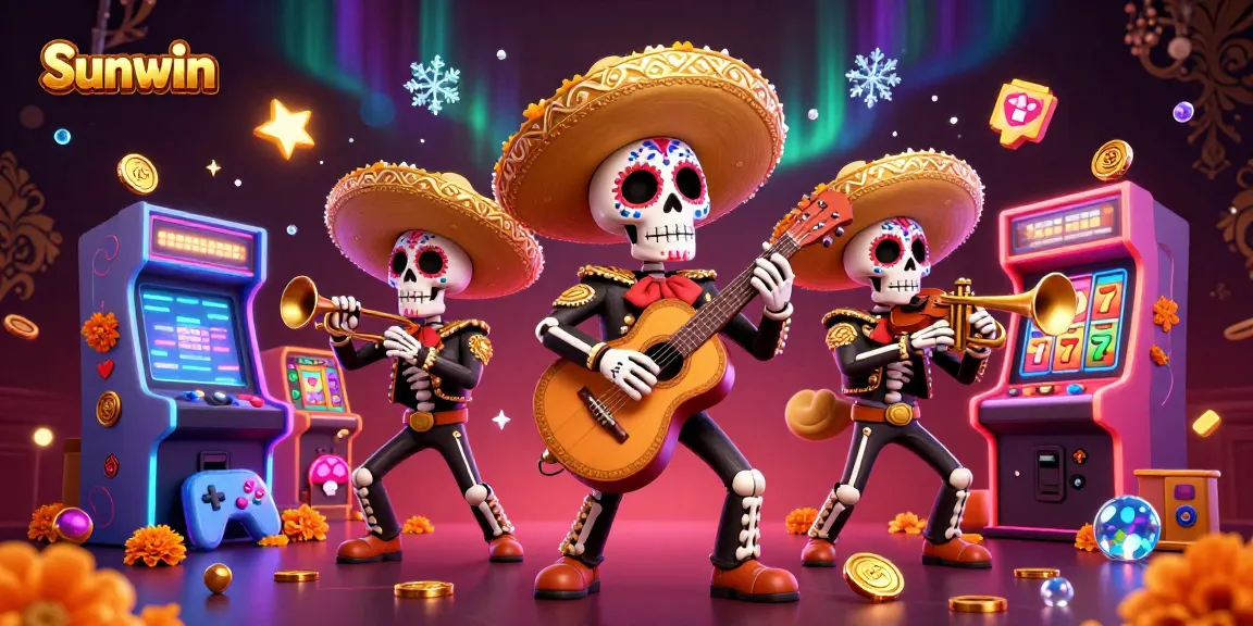 Sunwin showcases excitement with a 3D mariachi band and vibrant casino elements in a digital illustration.