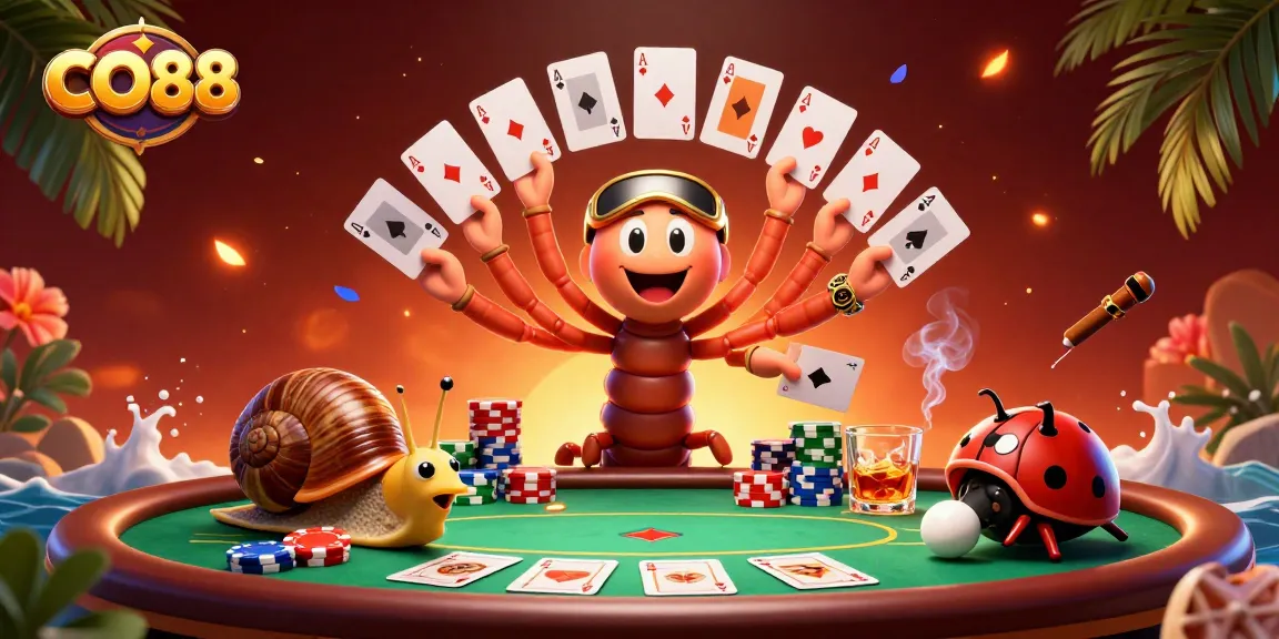 Experience thrilling gameplay at CO88 with a vibrant 3D casino scene featuring animated characters and lively poker action.