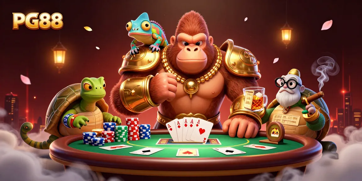 Experience the thrill of PG88 at a vibrant poker scene with a gorilla king and friends.