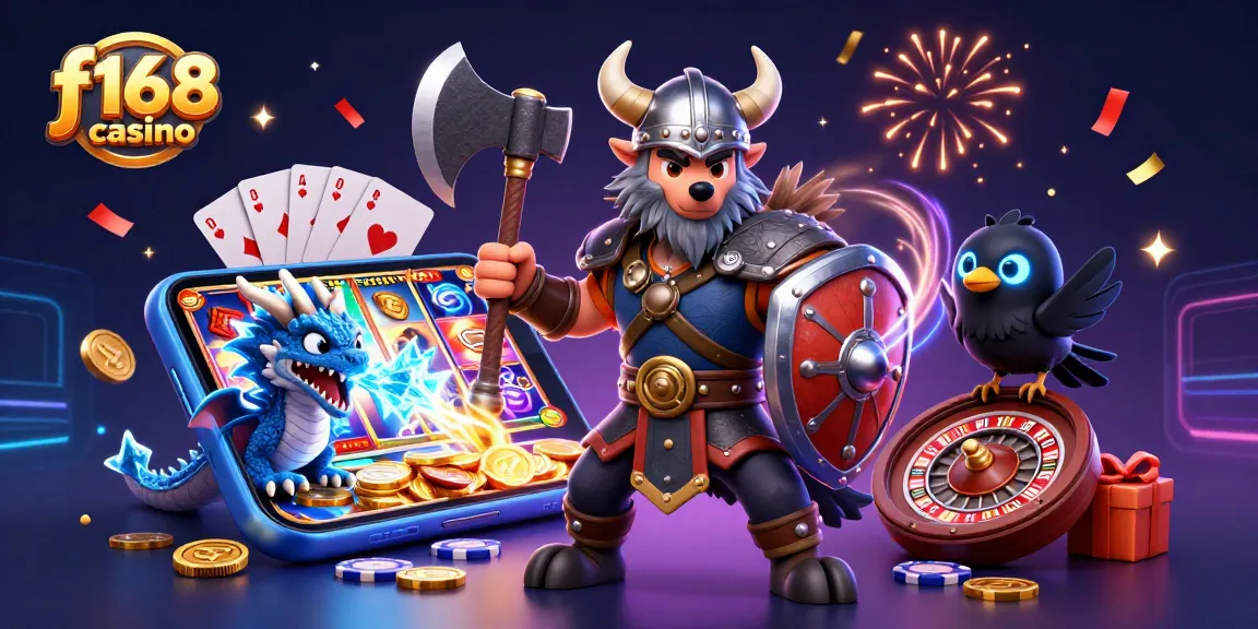 Experience the thrill of f168 casino with a Viking wolf warrior and dynamic gaming scenes.