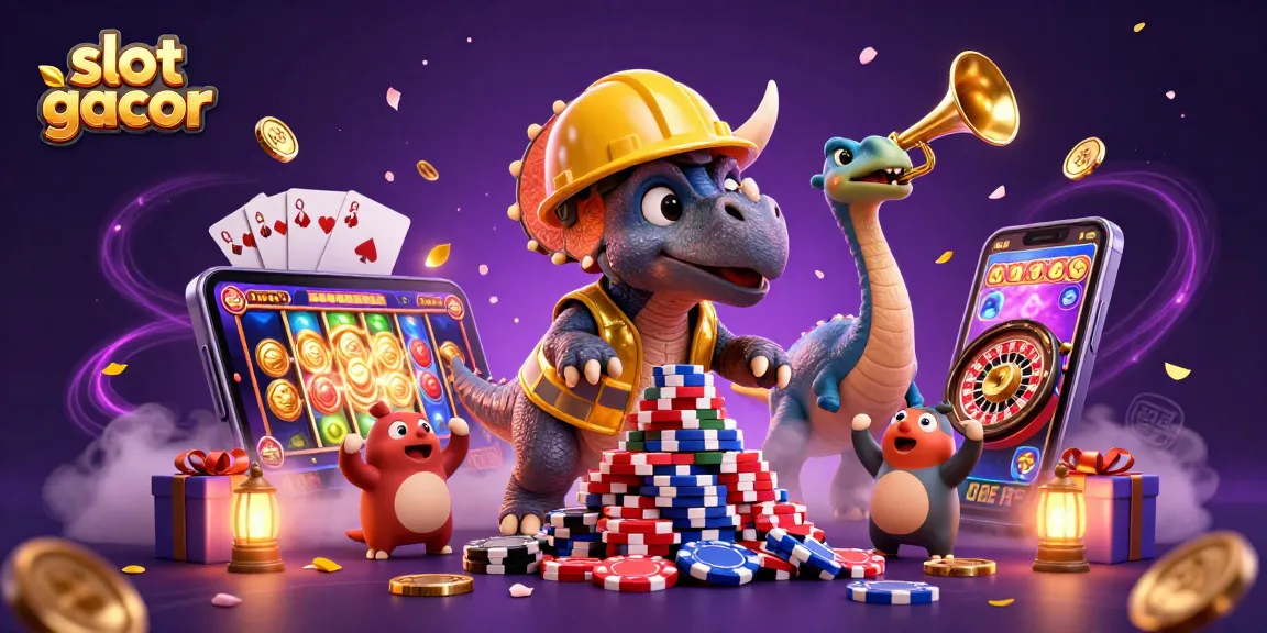 Menangkan permainan slot gacor dengan triceratops membangun tumpukan chip poker di bawah langit malam yang magis.