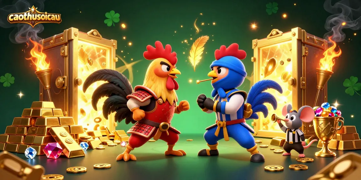 A thrilling scene featuring caothusoicau's dramatic rooster standoff amidst giant treasures and dazzling jewels.