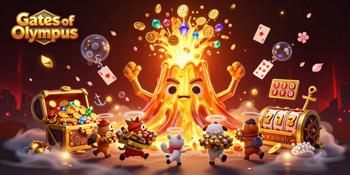Spin the reels with Gates of Olympus as the golden volcano erupts, showering treasure in this vibrant casino scene.