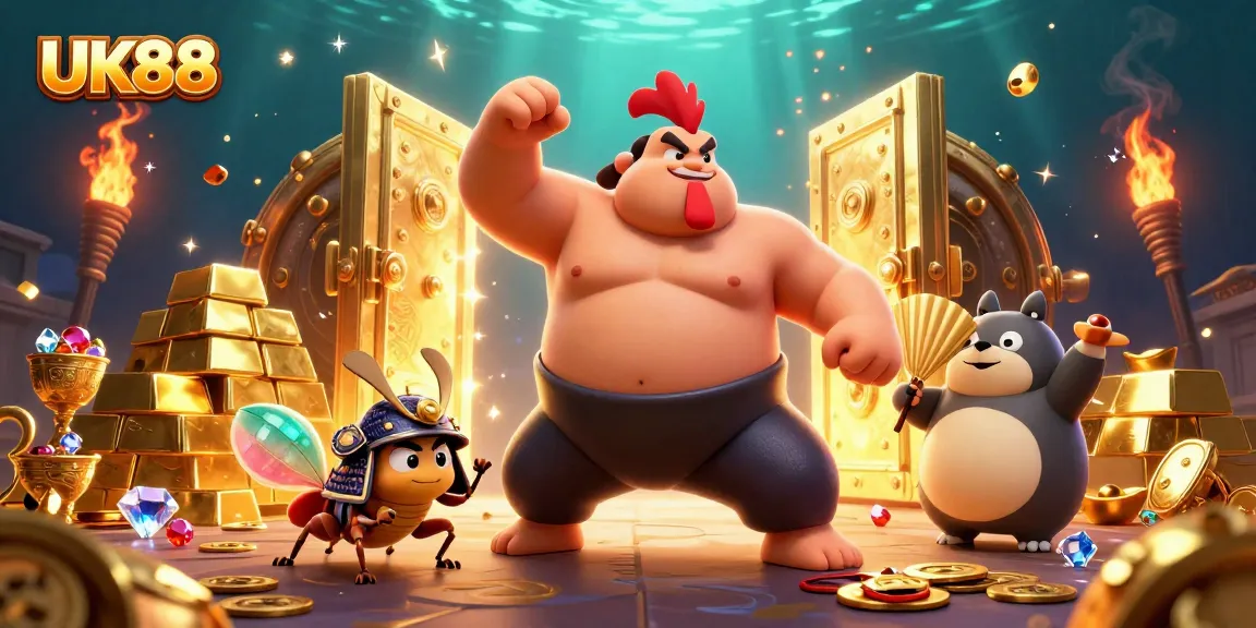 Experience the excitement of UK88 with fierce characters and golden treasure in a vibrant casino scene.