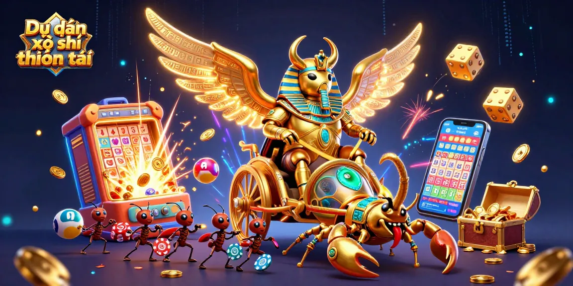 Dự đoán xổ số thần tài lottery scene with golden beetle chariot and jackpot explosion