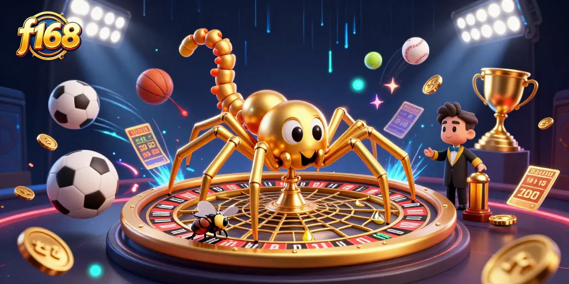 Experience thrilling bets at f168 as a golden spider spins a roulette wheel web amid vibrant sports excitement.
