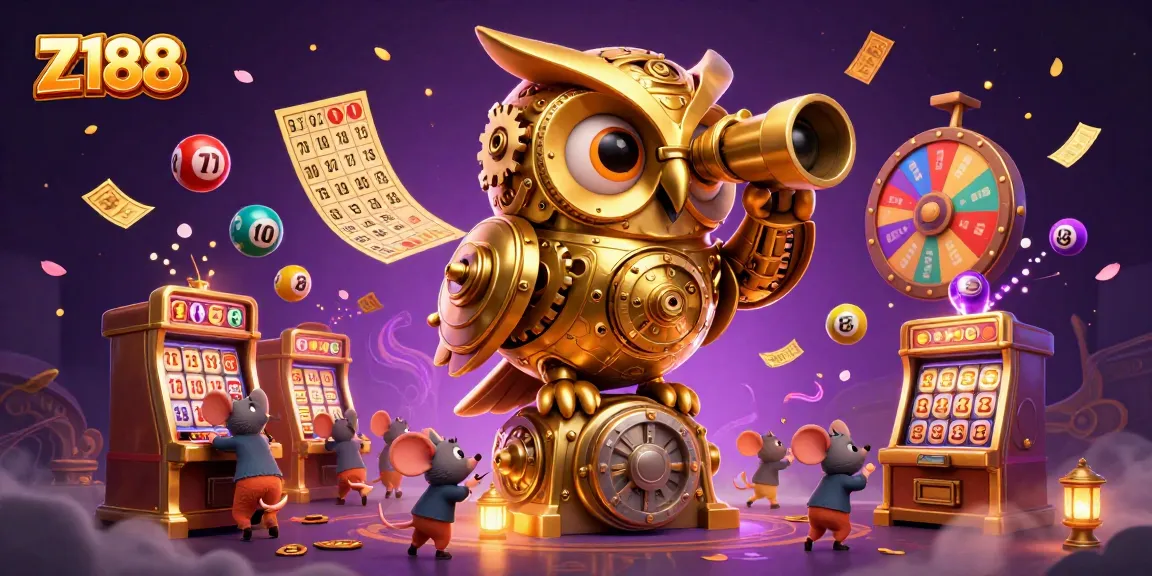 Z188 players enjoy a bustling casino scene filled with vibrant slot machines and festive lottery elements.