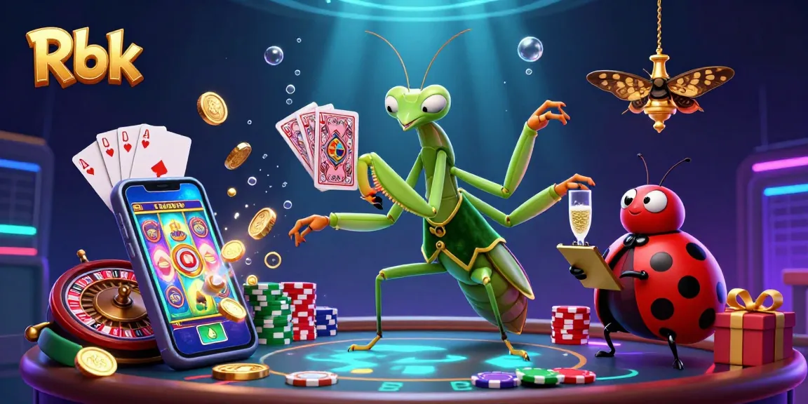 Engage with Rbk's thrilling gaming experience as the giant mantis expertly deals cards amidst vibrant casino elements.