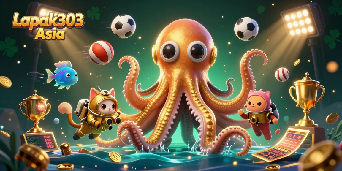 Engage with Lapak303 Asia's vibrant casino scene featuring a kraken, diving cat, and sports elements.