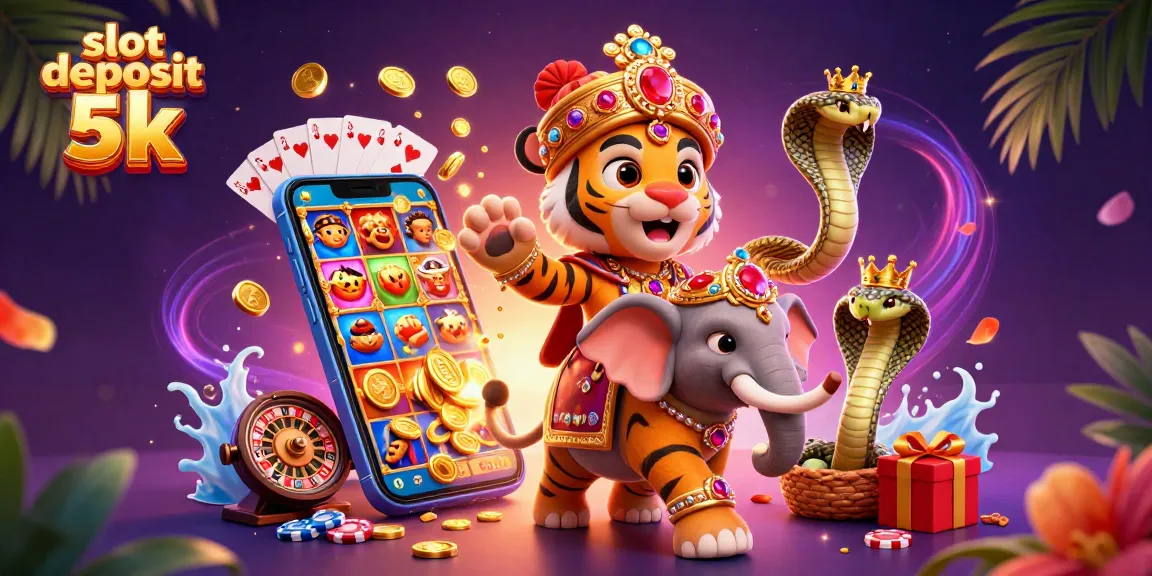 Experience slot deposit 5k action with vibrant 3D illustration featuring a maharaja tiger, elephant, and casino elements.