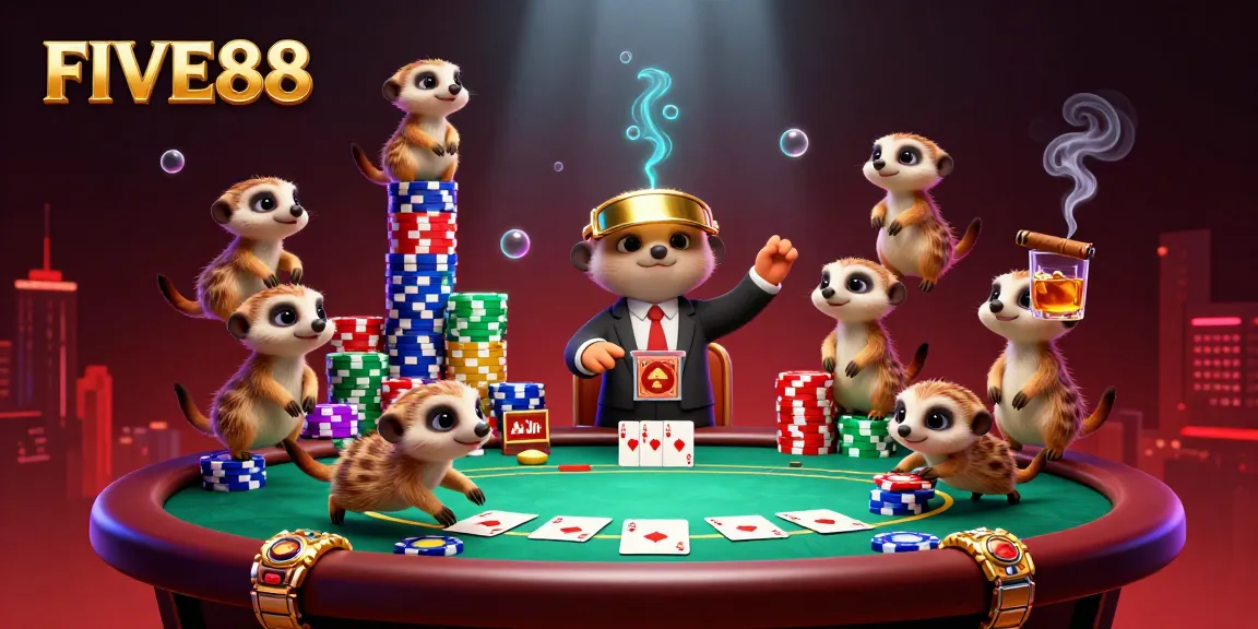 Experience the excitement at FIVE88 with meerkats running a lively poker scene in a vibrant casino.