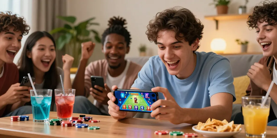 Diverse friends play online together on a smartphone in a cozy living room, enjoying 3 Patti Loot APK gaming.