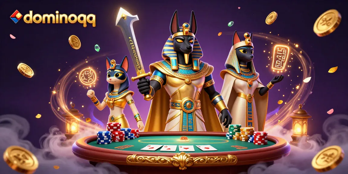 Experience winning with dominoqq at a dynamic casino scene featuring poker chips and ancient Egyptian characters.