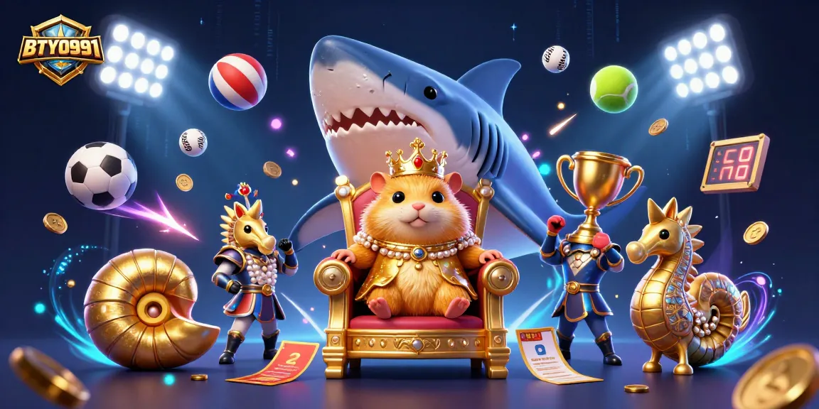 BTY0991 showcases a fierce hamster king throne surrounded by vibrant sports elements in a royal casino setting.