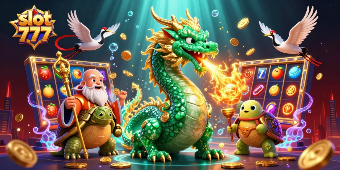 Engage with slot 777 gaming featuring a dragon, turtle, and cranes amidst dynamic casino elements.