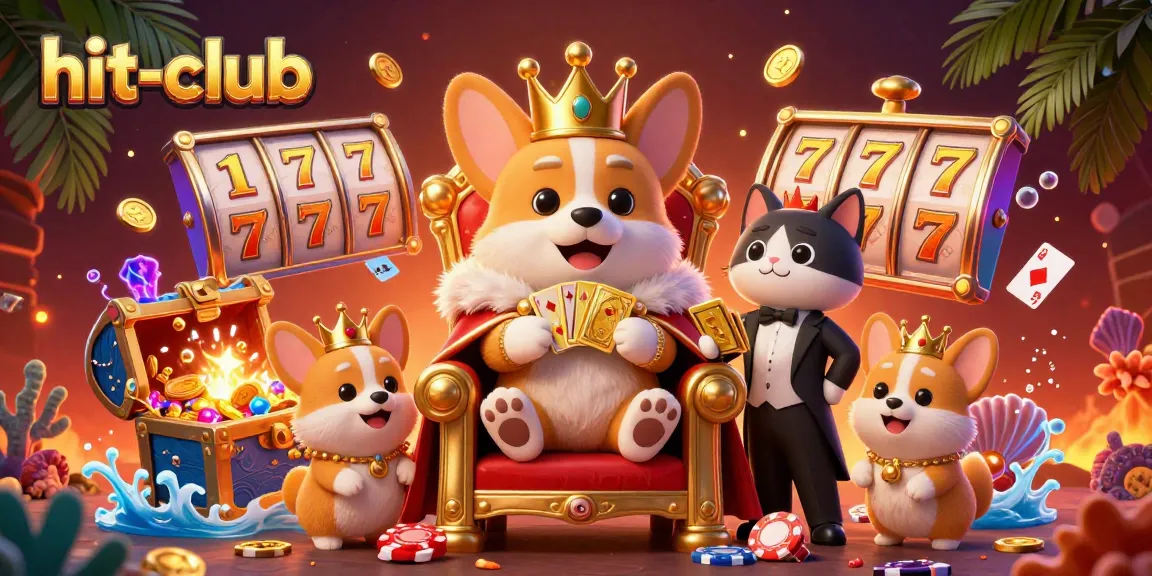 Hit-club's royal corgi animated scene showcases vibrant slot reels and rich casino imagery.