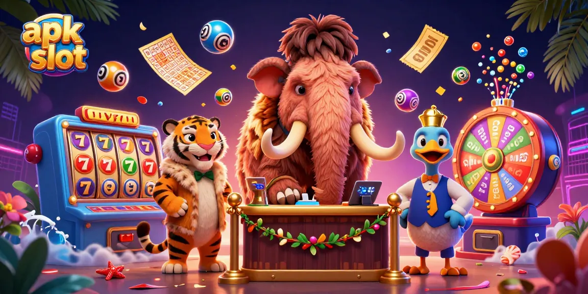 Menyambut para pemain dengan apk slot, penjaga bouncer mamut berbulu di pintu kasino, bersama tamu VIP dan pelayan burung dodo.