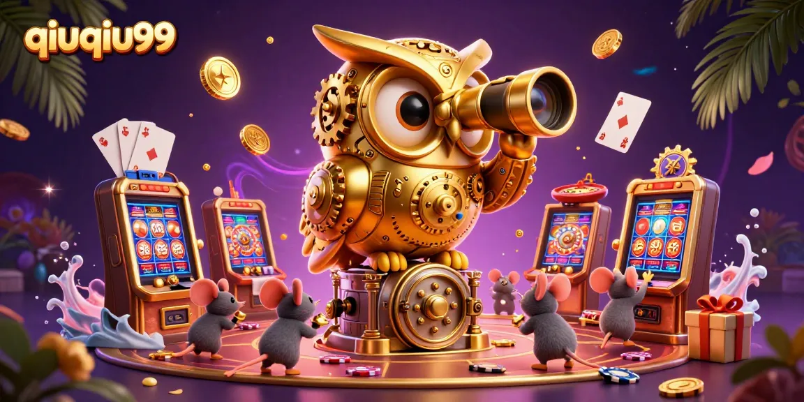 qiuqiu99 showcases a vibrant casino scene with a golden owl and charming mouse patrons amidst exciting slot games.