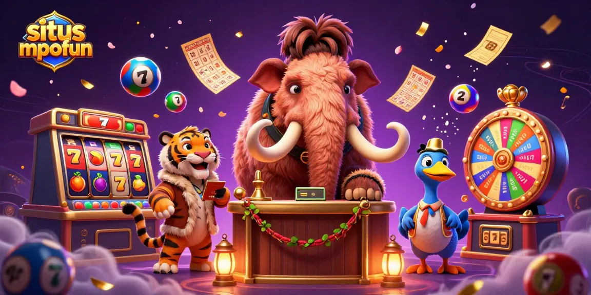 Play slots at situs mpofun under the watch of a mammoth bouncer, with vibrant game elements.