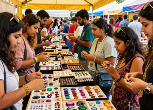 Customers exploring quality gemstones at NAGA2000, showcasing top gems from https://www.mygemspot.com in a vibrant market.