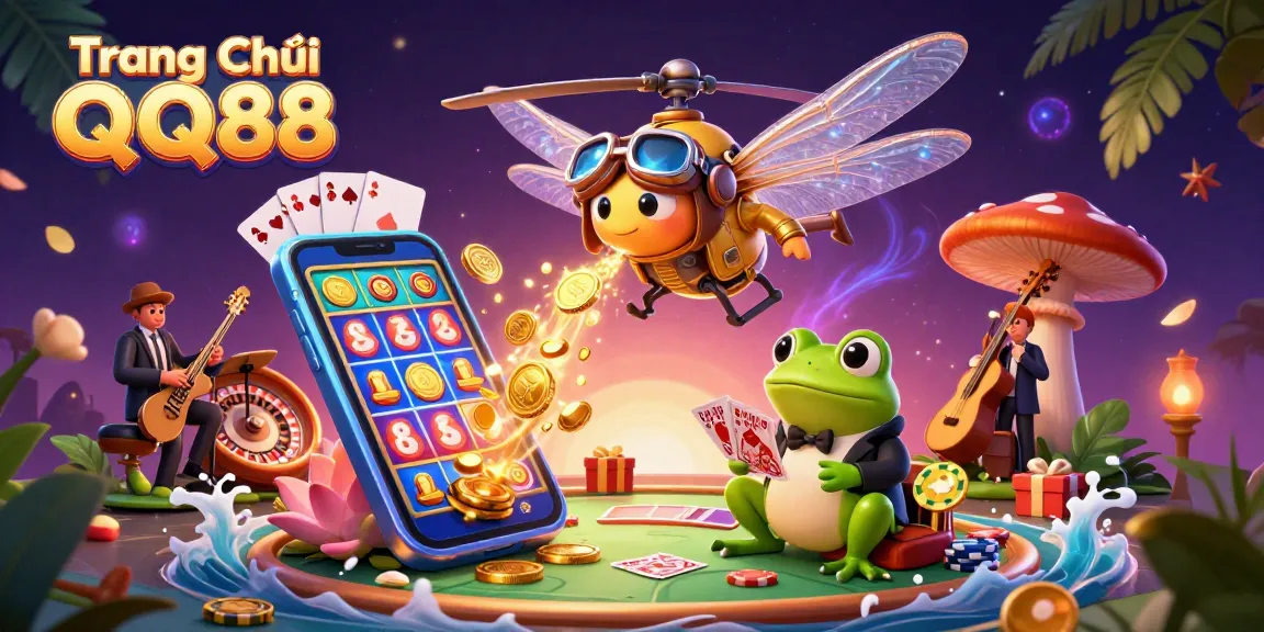 Engage with thrilling games on Trang Chủ QQ88 as the dragonfly aviator and frog croupier entertain amidst vibrant casino elements.