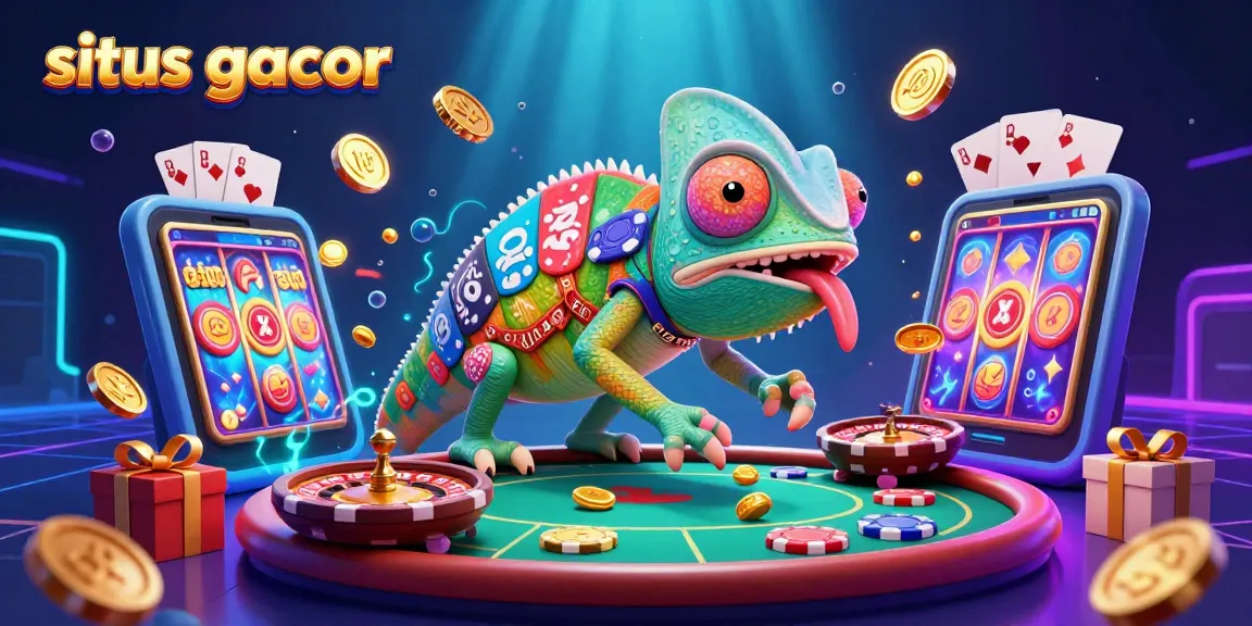 Situs gacor showcases the vibrant chameleon casino owner attracting golden coins amidst a colorful slot game and rich casino elements.