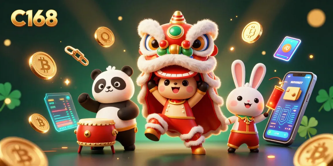 C168 showcases a vibrant 3D scene of a lion dance and gaming elements, emphasizing fun and engagement.