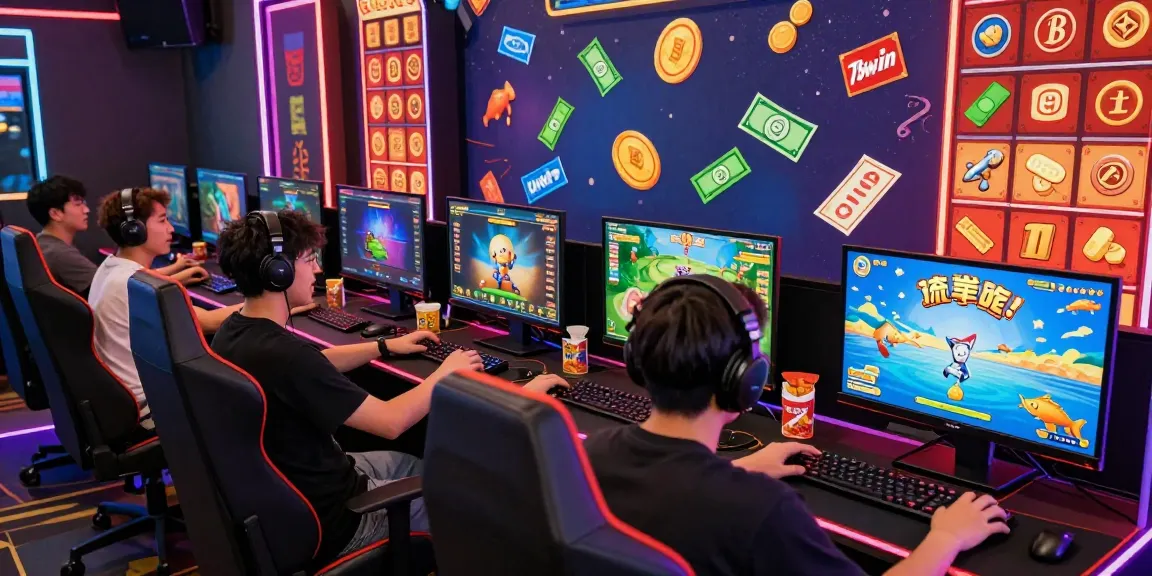 78win gaming excitement with players engaged in fishing and lottery games, illuminated by colorful lighting.