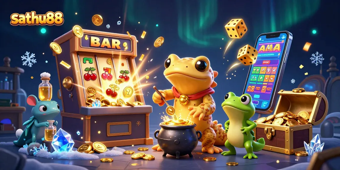 Experience the thrill of gaming with sathu88 as golden symbols burst from a magical slot machine.