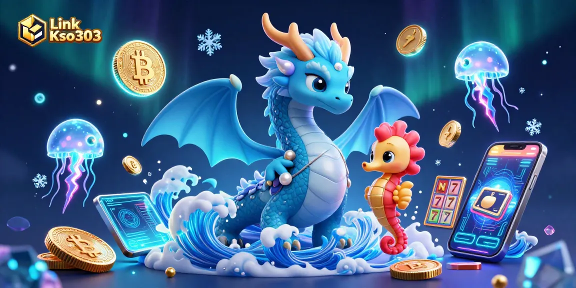 Link Kso303 mempersembahkan ilustrasi slot yang menarik dengan naga air dan kuda laut, dikelilingi koin crypto.