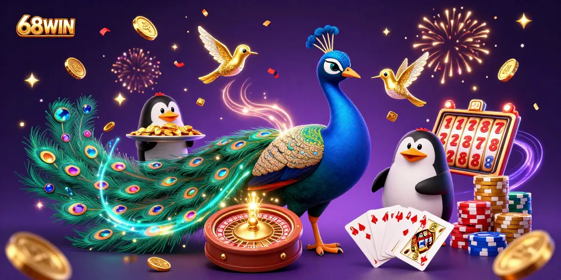 Experience gaming excitement with 68WIN in an extravagant casino scene filled with delightful characters.
