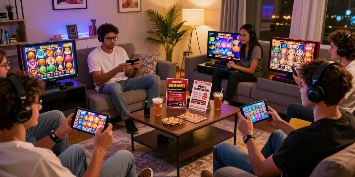 Players enjoying QQHOLIC SlotQQ games in a cozy living room with vibrant slot interfaces.