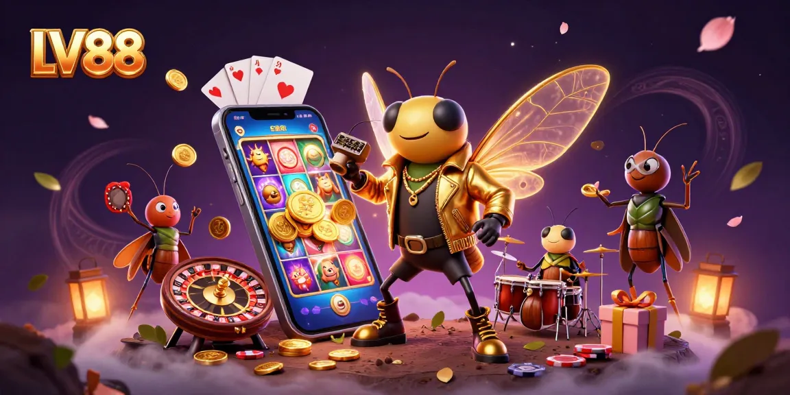 Experience thrilling gameplay at LV88 with a vibrant casino-themed 3D illustration featuring a cicada rock star.