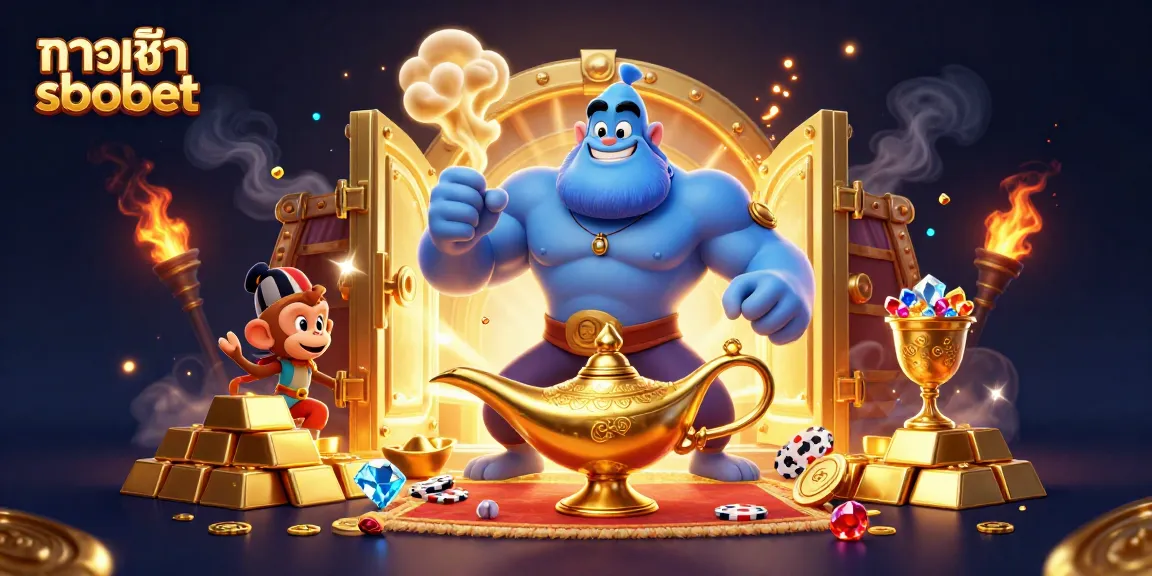 Bet and win with ทางเข้า sbobet featuring a blue genie, poker chips, and treasures