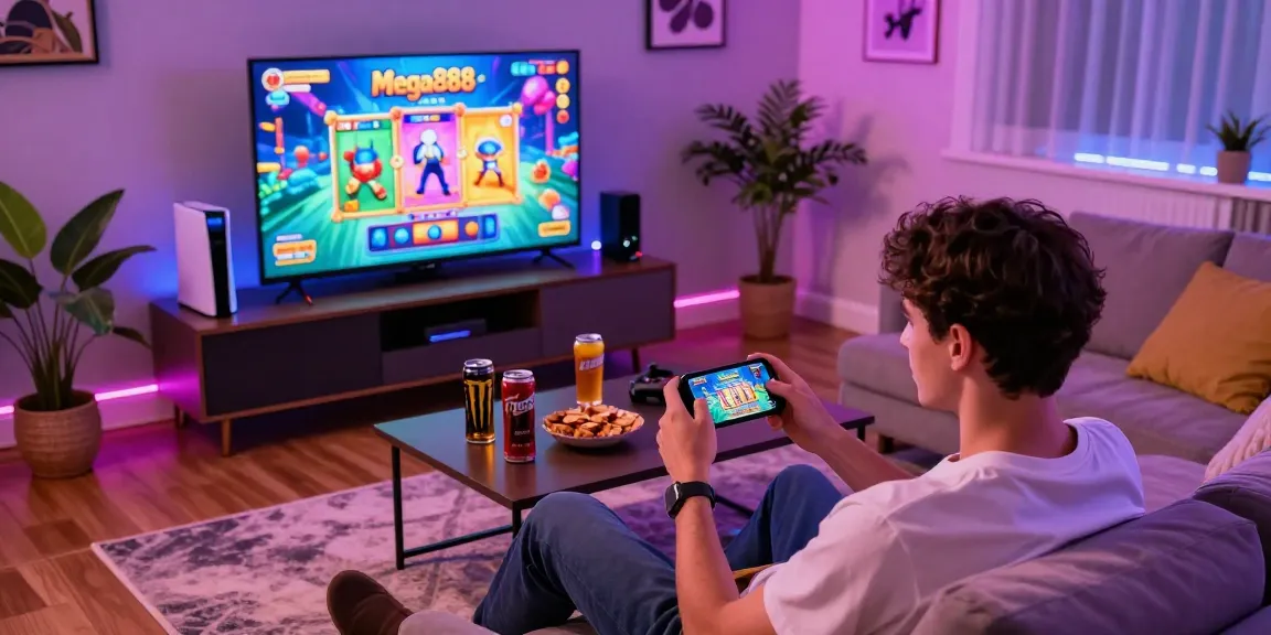 Enjoy playing Mega888 ios in a cozy gaming setup with vibrant graphics and snacks.