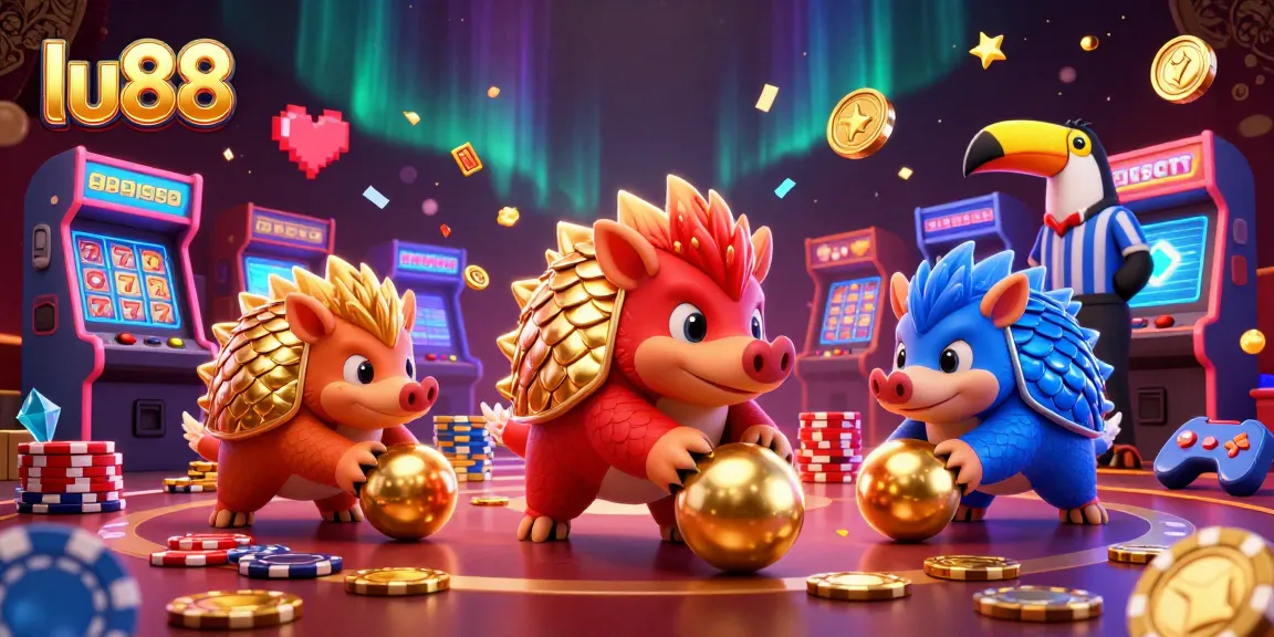 Experience excitement with lu88 featuring friendly pangolins rolling golden balls among poker chips.