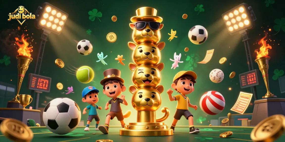 Engage in judi bola action with a vibrant illustration of sports betting excitement, featuring trophies and dynamic elements.