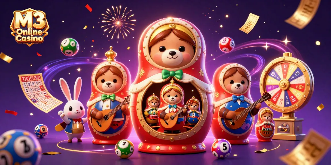 M3 Online Casino showcases a vibrant casino scene with bears, lottery elements, and festive confetti.