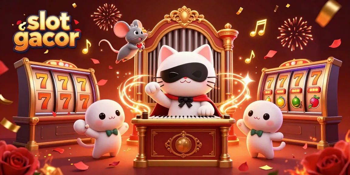 Slot gacor menampilkan karakter kucing bertopeng di kasino dengan mesin slot dan cahaya megah.