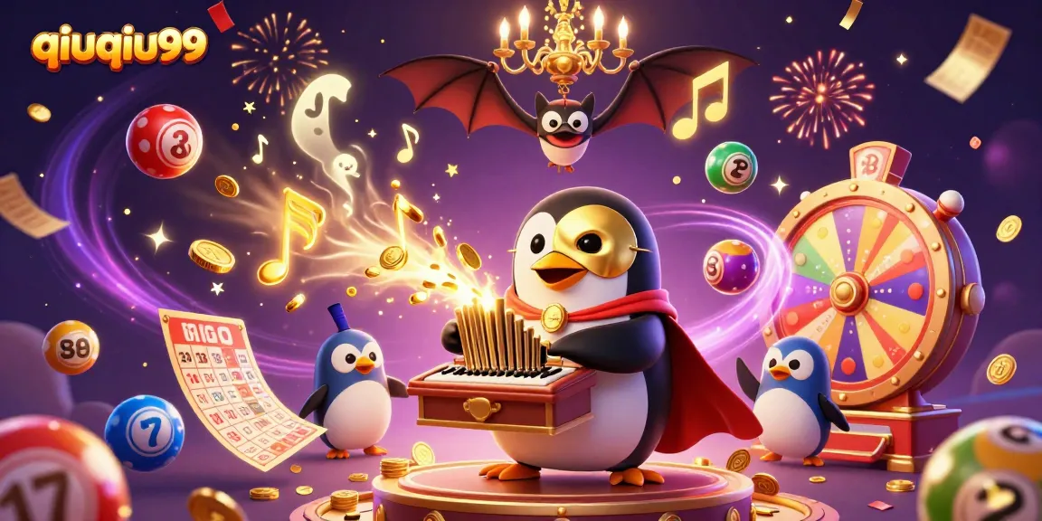 Experience the thrill with qiuqiu99 as the penguin plays to win golden coins amid a vibrant casino scene.