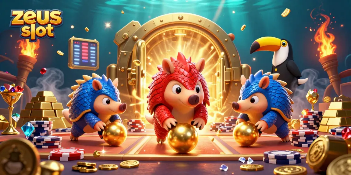 Experience thrill and excitement with zeus slot, featuring colorful pangolins and sparkling treasures in a vibrant casino setting.