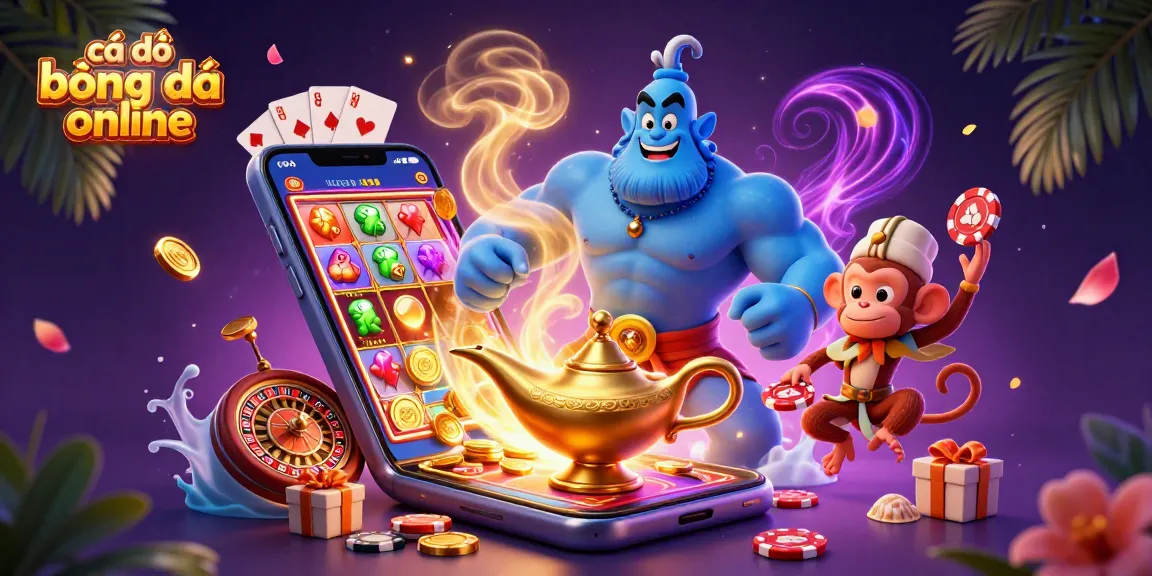 Engage in cá độ bóng đá online with a vibrant 3D genie scene showcasing sports betting excitement and casino elements.