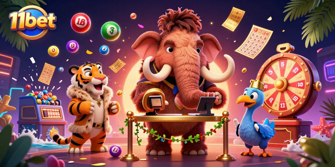 Engage in thrilling lottery action with 11bet as a woolly mammoth bouncer welcomes VIPs to a vibrant casino scene.