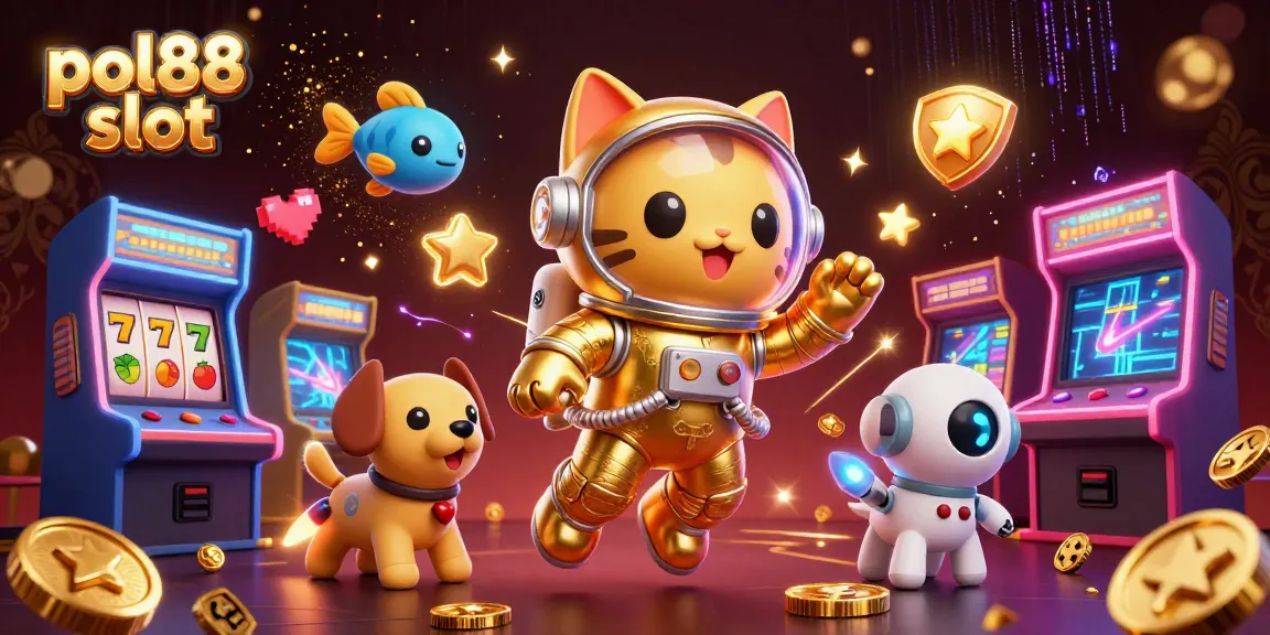 Menangkan pol88 slot dengan karakter menarik dan mesin slot berwarna-warni dalam ilustrasi 3D.