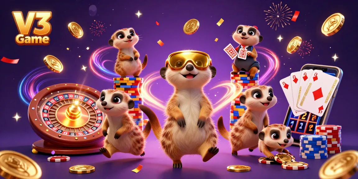 Experience the thrilling V3 Game casino world with meerkats enjoying a vibrant gaming atmosphere.